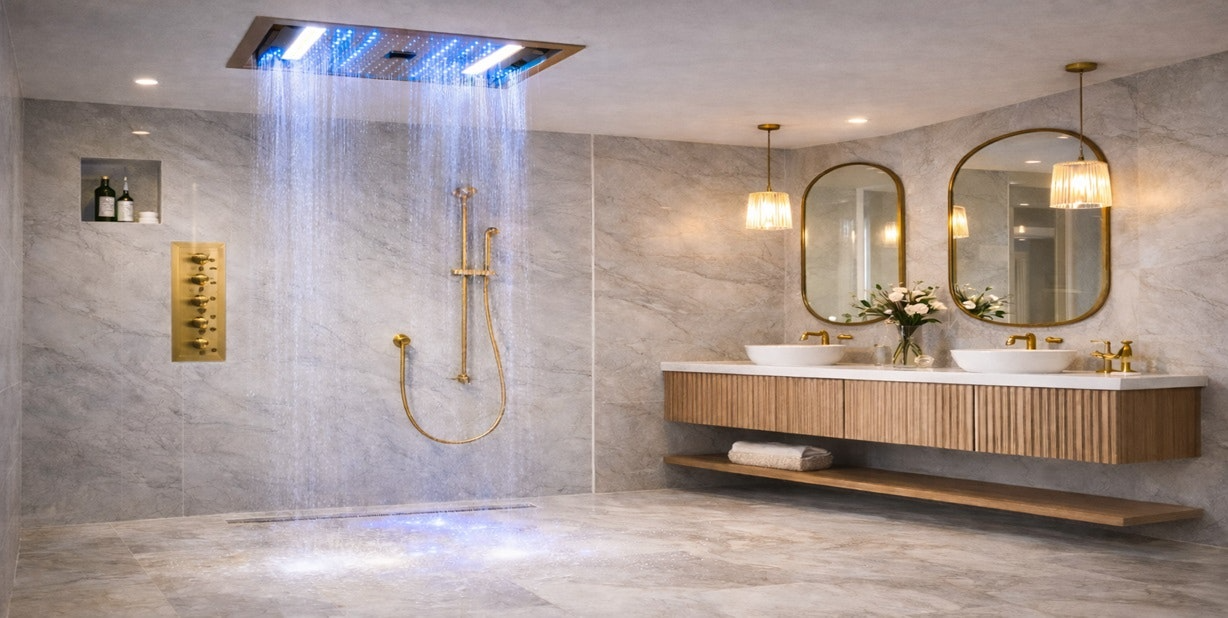 Fontana Eibar 4 function LED shower head in gold finish shown in an upscale bathroom